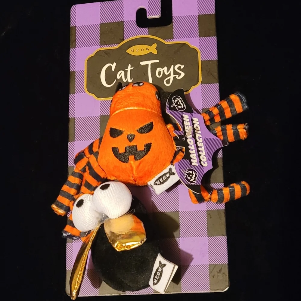 Cat Toys For Fall With Cat Nip Bugs- A Pumpkin Spider and A Fly w/Gold Wings